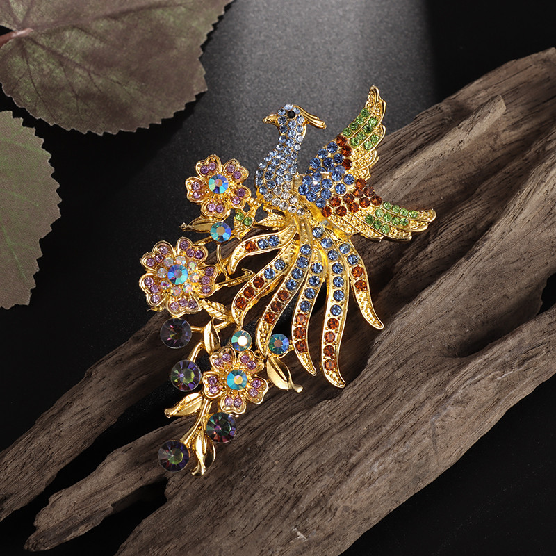 Μόδα Ένθετη πολύχρωμη καρφίτσα κίσσας με ένθετη ζιργκόν για γυναίκες Αξεσουάρ φόρεμα για δείπνο κοσμήματα Peacock Phoenix Brooch