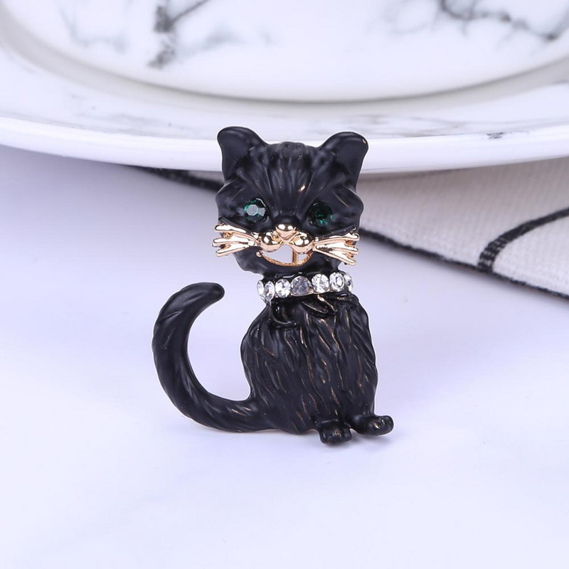 Γυναικείες καρφίτσες από μαύρες σμάλτο για γάτες Κρυστάλλινα πράσινα μάτια καρφίτσα γάτας Αξεσουάρ για ρούχα για πάρτι για ζώα μόδας