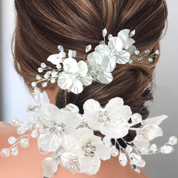 Нова булчинска щипка за коса с кристално перлено цвете Шнола във флорален стил Бижута за коса на булката Сватбени аксесоари за коса на шаферката