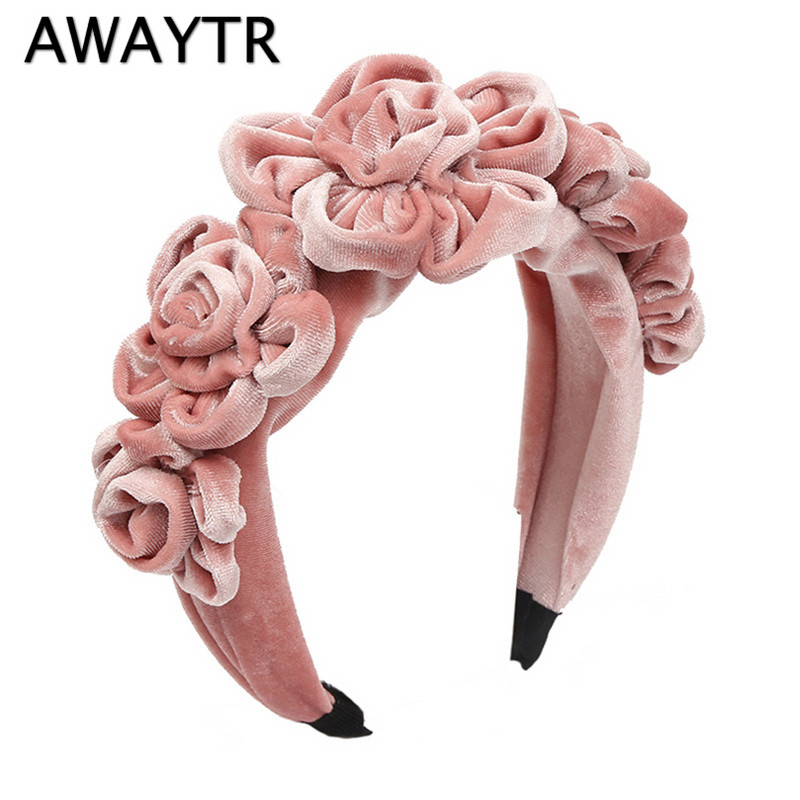 AWAYTR Nová jednofarebná zamatová čelenka s kvetmi pivonky pre ženy, zimná čelenka, dámske plesové párty, retro módne doplnky