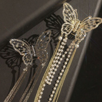 2023 г. Нова женска пеперуда с перлен пискюл Нокът за коса със страз Скоба Корейска проста конска опашка от акула Скоба с раци Аксесоари за коса за момичета