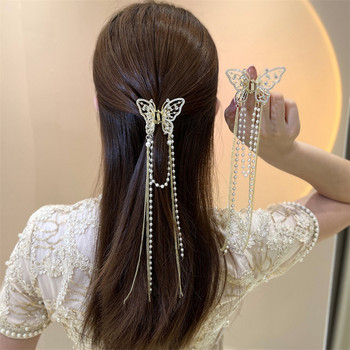 2023 г. Нова женска пеперуда с перлен пискюл Нокът за коса със страз Скоба Корейска проста конска опашка от акула Скоба с раци Аксесоари за коса за момичета