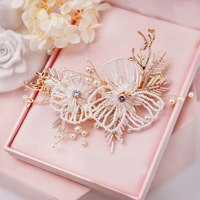 Perlų gėlėtas plaukų segtukas 2023 m. Nauji vestuviniai plaukų aksesuarai moterims, krištoliniais karoliukais, galvos apdangalas nuotakos tiarų plaukų papuošalai