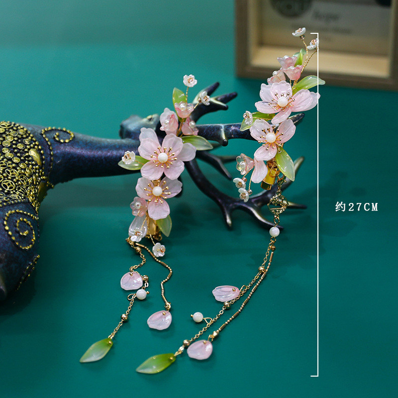 2 τμχ Κλιπ μαλλιών με μακριά φούντα Κινέζικο στυλ για κορίτσια Hanfu Party Ροζ φλοράλ vintage φουρκέτα ρετρό κοσμήματα για τα μαλλιά γάμου