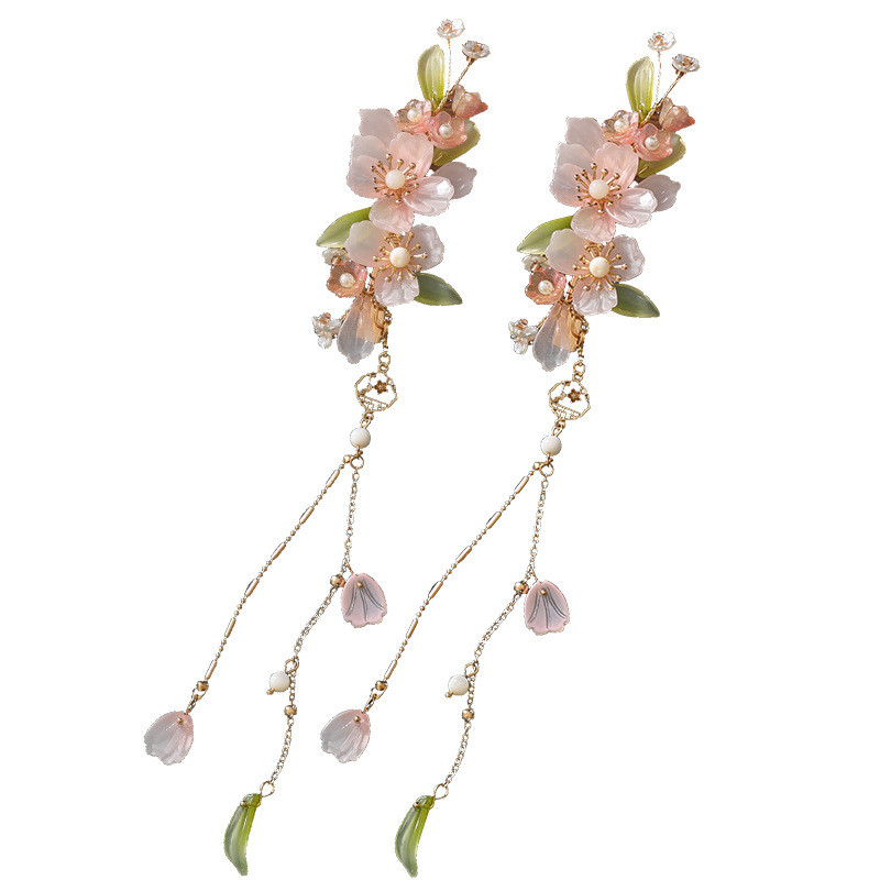 2 τμχ Κλιπ μαλλιών με μακριά φούντα Κινέζικο στυλ για κορίτσια Hanfu Party Ροζ φλοράλ vintage φουρκέτα ρετρό κοσμήματα για τα μαλλιά γάμου