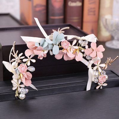 New Style Pink Flower Simulated Pearls Tiara Headband Bridal Bride Noiva Wedding Hair Accessories Headpiece for Girl Women