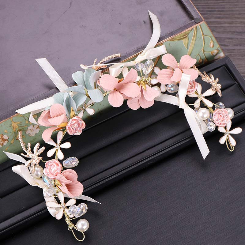 New Style Pink Flower Simulated Pearls Tiara Headband Bridal Bride Noiva Wedding Hair Accessories Headpiece for Girl Women