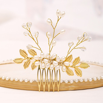 Висок клас перлен гребен за коса Ръчно изработени плетене Златни листа Сватбена шаферка Клип Гребен Булката Коса Бижута BN