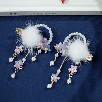 1 чифт плюшени флорални фиби китайски ханфу аксесоари за коса за момичета пискюл перлени щипки за коса ретро парти шноли бижута за коса