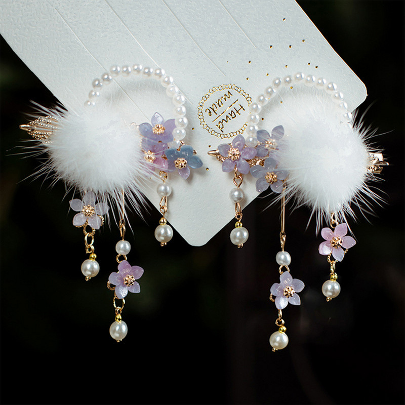 1 par plišanih cvjetnih ukosnica Kineski hanfu dodaci za kosu za djevojčice Biserne kopče za kosu s kićankama Vintage Party Ukosnice Nakit za kosu