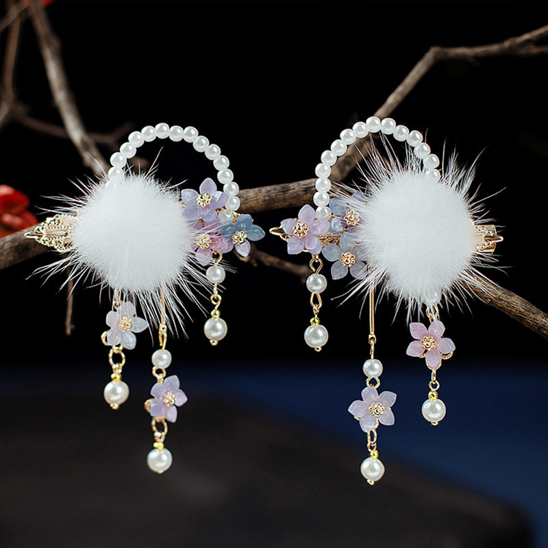 1 par plišanih cvjetnih ukosnica Kineski hanfu dodaci za kosu za djevojčice Biserne kopče za kosu s kićankama Vintage Party Ukosnice Nakit za kosu