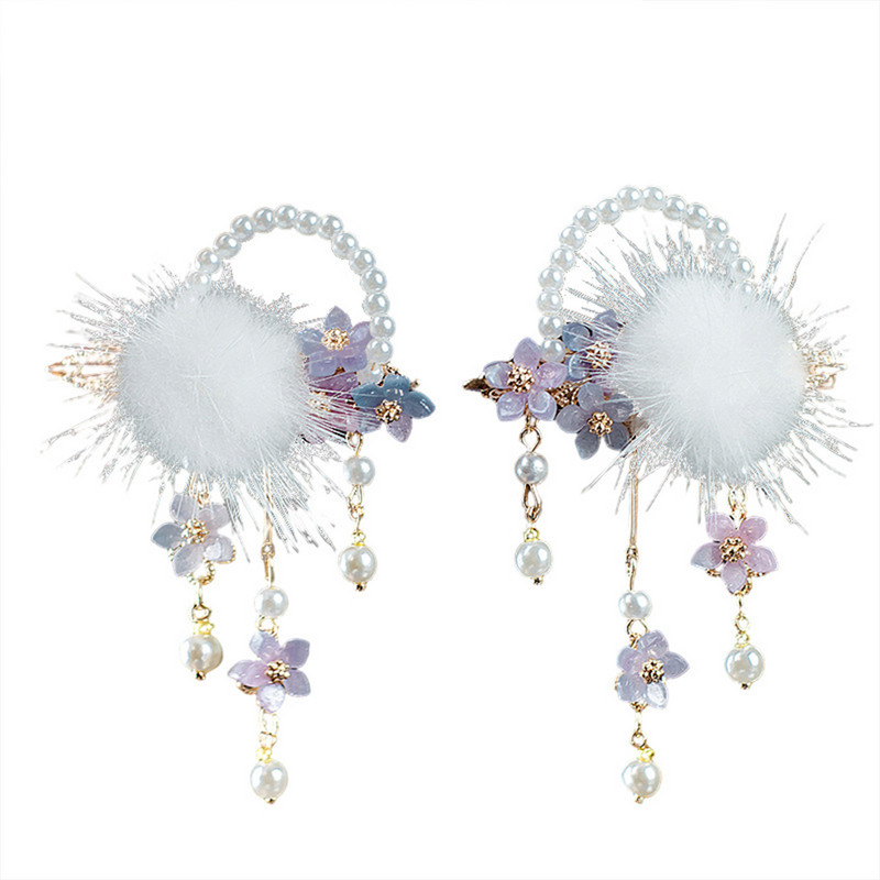 1 par plišanih cvjetnih ukosnica Kineski hanfu dodaci za kosu za djevojčice Biserne kopče za kosu s kićankama Vintage Party Ukosnice Nakit za kosu