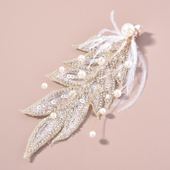 Щипки за коса с пера Диадеми Бижута за коса на булката за жени Кристална перлена фиби 2022 Нова мода Шноли Дамска сватбена шапка