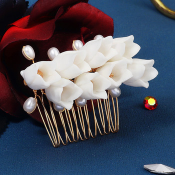 Бяло цвете Булчински гребен за коса Бижута за жени Кристална златна фиби Вложка Странична игла за момичета Модна сватбена украса за коса