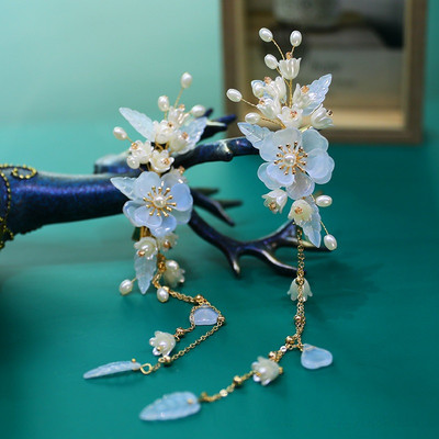 Agrafe de păr cu zână chinezească 2 bucăți ciucuri vintage Agrafe cu flori albastre pentru fete Hanfu Decor Bijuterii de păr Tiara antică
