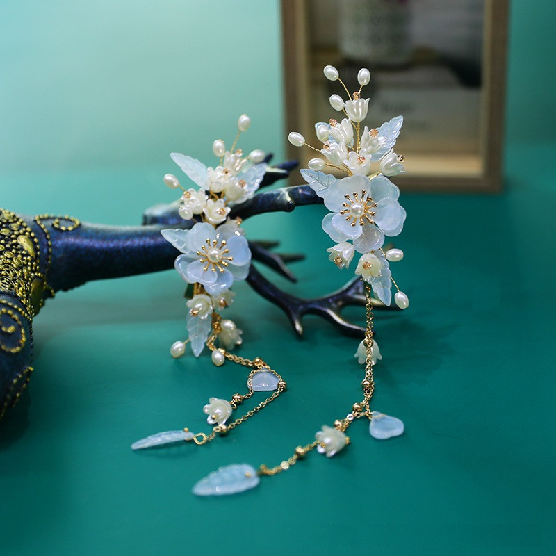 Haldjas Hiina juukseklambrid 2 TK Vintage Tutt Juuksenõel Sinine Lill Barrettes Tüdrukud Hanfu Decor Juukseehted Antiik Tiara Peakatted