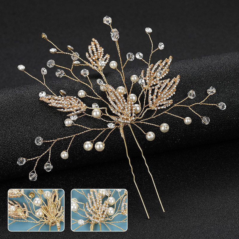 Γαμήλια φουρκέτες Αξεσουάρ μαλλιών για γυναίκες Μόδα με φύλλα Κλιπ μαλλιών Rhinestone Pearl Νυφικά κεφαλάρια Όμορφα κοσμήματα Noivas