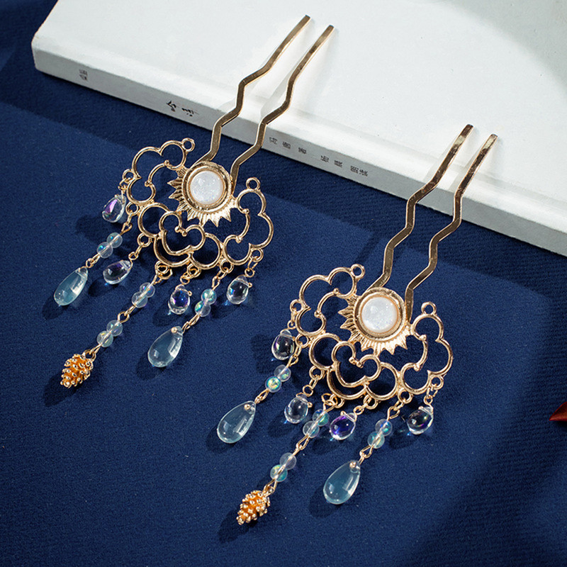 2tk Hiina juuksenõelad U-kujulised Kuldsed Fringe Juuksepulgad Kahvel Vintage Hanfu Decor Tiaras Haldjas Pulma Pruudipea Ehted Kroonid