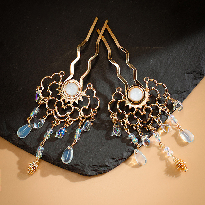 2tk Hiina juuksenõelad U-kujulised Kuldsed Fringe Juuksepulgad Kahvel Vintage Hanfu Decor Tiaras Haldjas Pulma Pruudipea Ehted Kroonid