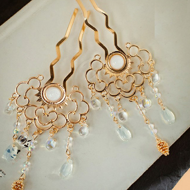 2tk Hiina juuksenõelad U-kujulised Kuldsed Fringe Juuksepulgad Kahvel Vintage Hanfu Decor Tiaras Haldjas Pulma Pruudipea Ehted Kroonid