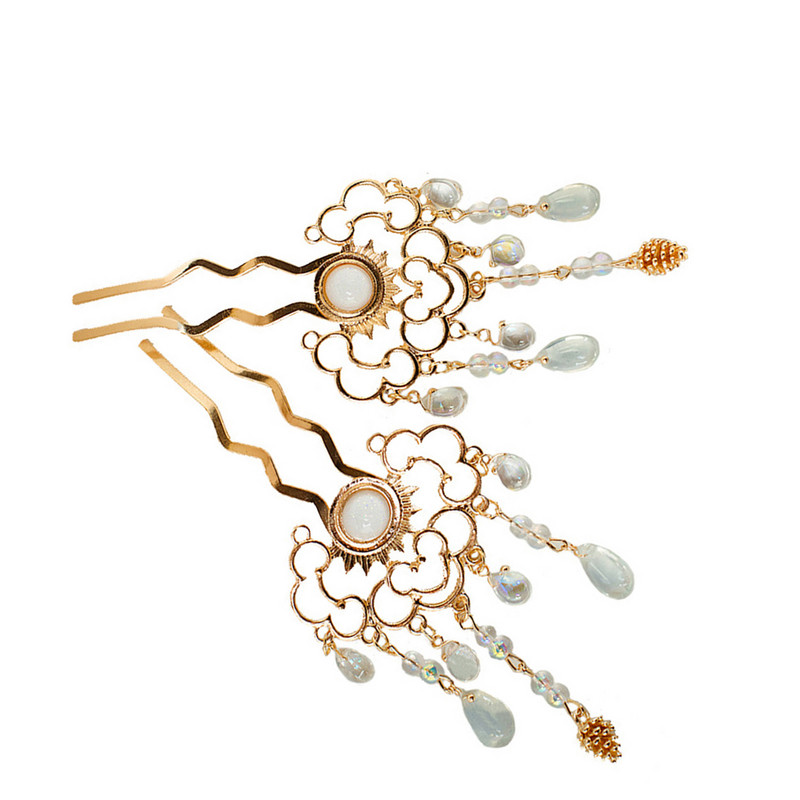 2tk Hiina juuksenõelad U-kujulised Kuldsed Fringe Juuksepulgad Kahvel Vintage Hanfu Decor Tiaras Haldjas Pulma Pruudipea Ehted Kroonid