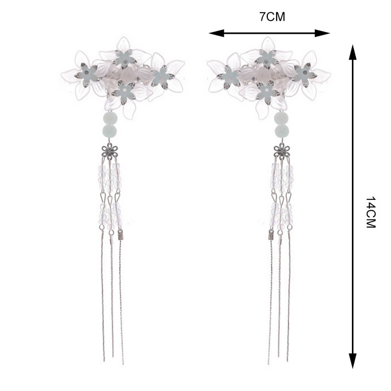 1 paar Hiina juukseklambrid valge lilleline juuksenõel Haldja tüdrukud Hanfu peo peaehe Vintage pärliga tutt Pulma pruudi juustest ehted