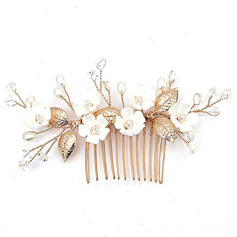 Pruudi juuksekamm pulmatiaarad Lilledest pärlitest juuksenõel Kuldsete lehtede sulamist peakate Mood pulmajuuksed ehted naistele