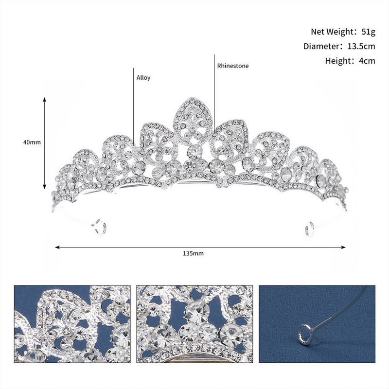 Printsessi tiaarade pulmajuukse aksessuaarid hõbedase värvi kivikrooniga kuninganna peo diadem pruudi peaees Juukseehted peakatted