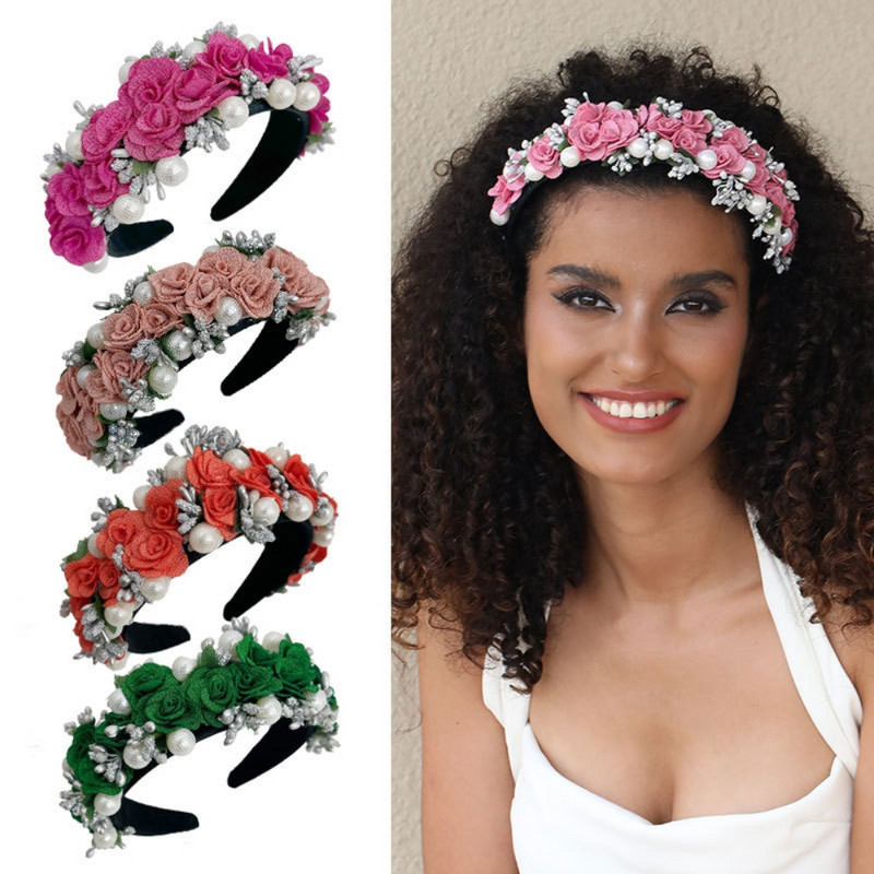 Stambios gėlėtos plaukų juostos moterims Madingos karoliukų lapų augalų rankų darbo imituotos perlų rutulinės galvos dėvimos brangakmeniais papuoštos vestuvinės galvos juostos