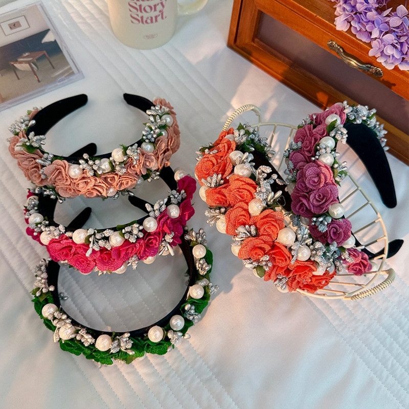 Stambios gėlėtos plaukų juostos moterims Madingos karoliukų lapų augalų rankų darbo imituotos perlų rutulinės galvos dėvimos brangakmeniais papuoštos vestuvinės galvos juostos