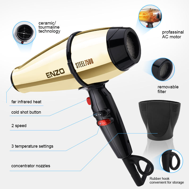 2023 m. naujas plaukų džiovintuvas metalinis profesionalus salonas 7500 vatų kintamosios srovės variklis Pro plaukų džiovintuvas su keramikos technologija