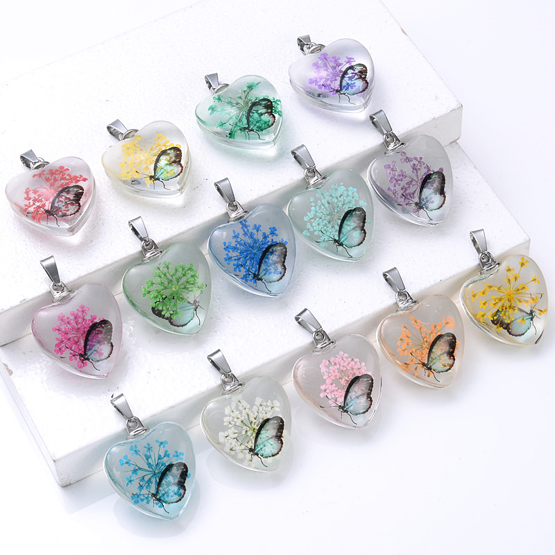 Srce prešano staklo Romantična prirodna biljka Očuvane svježe latice Privjesci Osušeni cvijet Životinjski uzorci Privjesak za izradu nakita