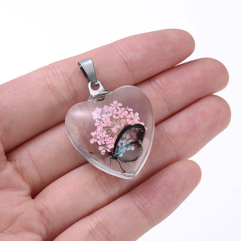 Srce prešano staklo Romantična prirodna biljka Očuvane svježe latice Privjesci Osušeni cvijet Životinjski uzorci Privjesak za izradu nakita