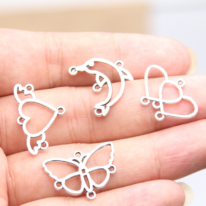 30 ks, 4 štýly, mix veľkostí, zliatiny kovu, duté motýle, delfín, srdce, prívesky na zvieratá, konektor pre DIY náhrdelníky, výrobu šperkov