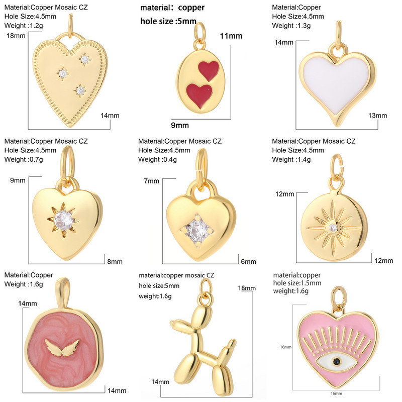 Sirds sarkana balta rotaslietu izgatavošana piekariņi Zelta krāsa Micro Pave Dangle Diy Kulonu piederumi Auskaru Kaklarota Dizainera vara dāvana