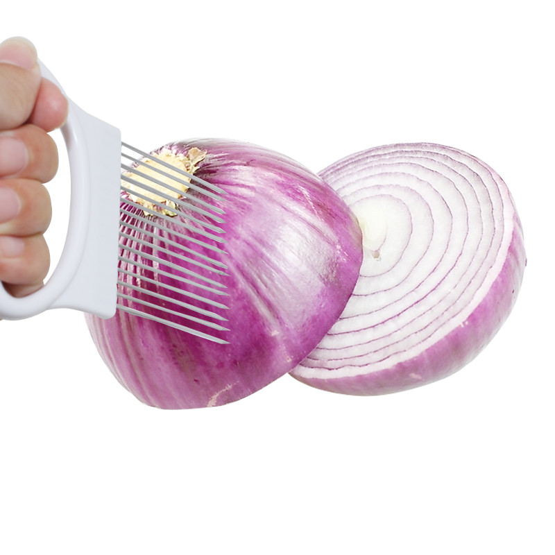 Lengvai pjaustoma svogūnų laikiklio šakutė nerūdijantis plienas + plastikinė daržovių pjaustyklė Pomidorų pjaustyklė Metalinė mėsos adata Virtuvės priedai 8