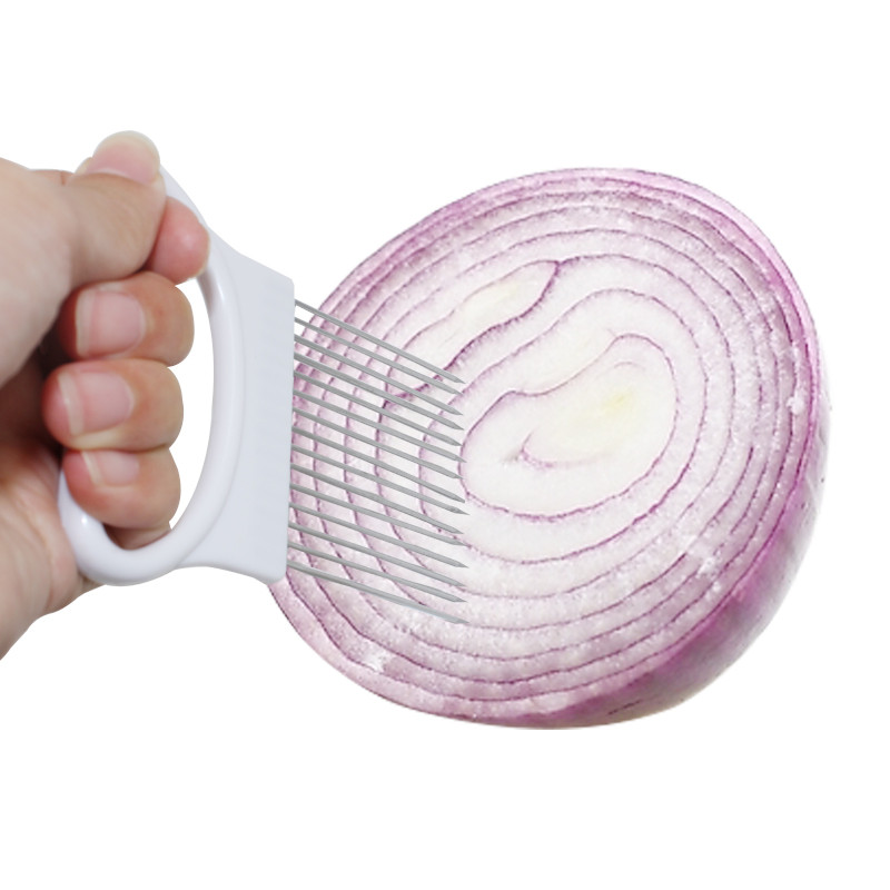 Lengvai pjaustoma svogūnų laikiklio šakutė nerūdijantis plienas + plastikinė daržovių pjaustyklė Pomidorų pjaustyklė Metalinė mėsos adata Virtuvės priedai 8