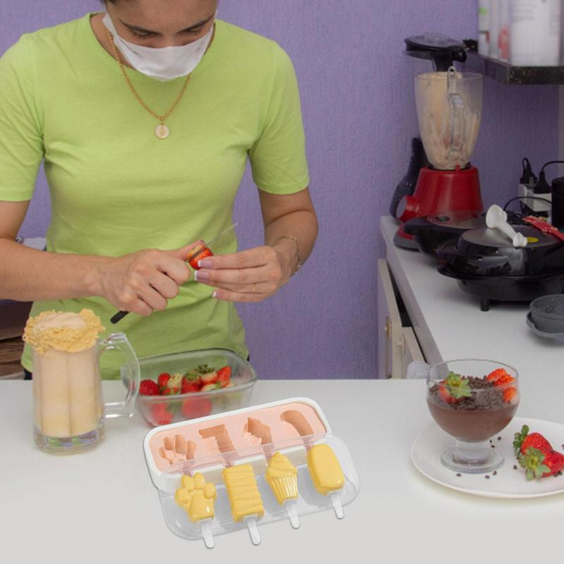 Sicles Molds Silikonski ledomat, 4 šupljine, višekratni kalupi s poklopcem i Sicle štapićima za DIY Sicles Cakesicles kuhinjski alati