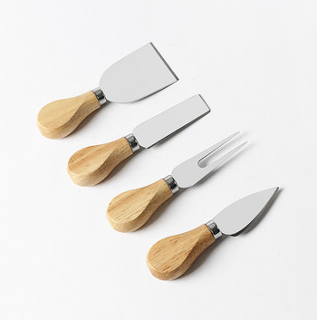 4PCS Комплект ножове за сирене Прибори за хранене от неръждаема стомана Резачка за сирене Резачка с дървена дръжка Мини нож Нож за пица, шпатула Вилица