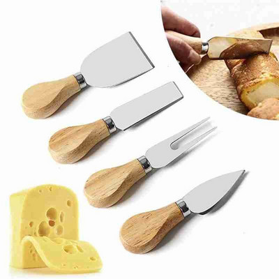 4PCS Ножове за сирене Дъбова дръжка от неръждаема стомана Резачка за сирене Дъска за сирене Шпатула за масло Кухненски инструменти за сирене