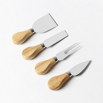 Комплект ножове за сирене с дъбова дръжка Нож за сирене Нож за масло Нож за рязане Нож за пица Нож за печено сирене от неръждаема стомана от четири части
