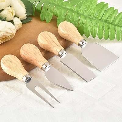 Комплект ножове за сирене с дъбова дръжка Нож за сирене Нож за масло Нож за рязане Нож за пица Нож за печено сирене от неръждаема стомана от четири части