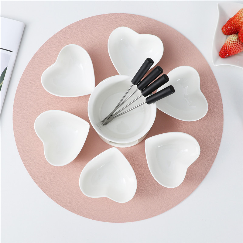 Set de fondue de ciocolată din ceramică în formă de inimă Set de fondue de ciocolată în formă de inimă, fondue de formă rotundă, cadou perfect pentru Ziua Îndrăgostiților