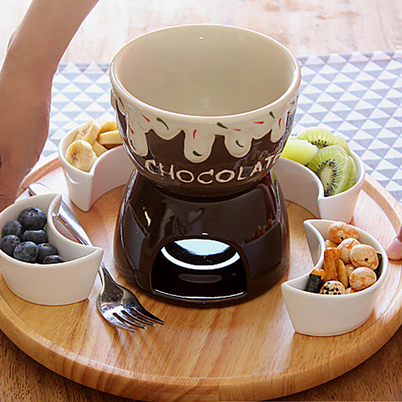 Eemaldatav fondüü valmistamise komplekt Keraamiline sulatuspott šokolaadikastmete jaoks Karamell-juustujäätis koos küünlasoojenduspotiga