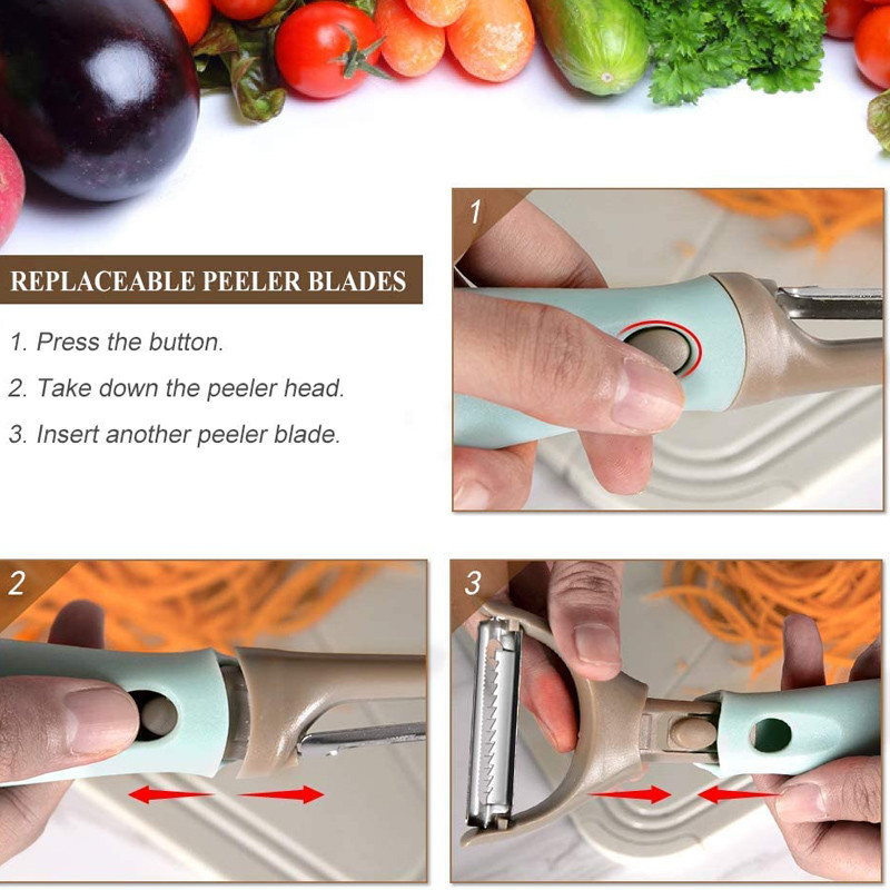 Köögiviljakoorija 3-st roostevabast terasest trio-köögivilja- ja puuviljakoorija komplekti kartuli-porgandi-puuviljatarvikute jaoks