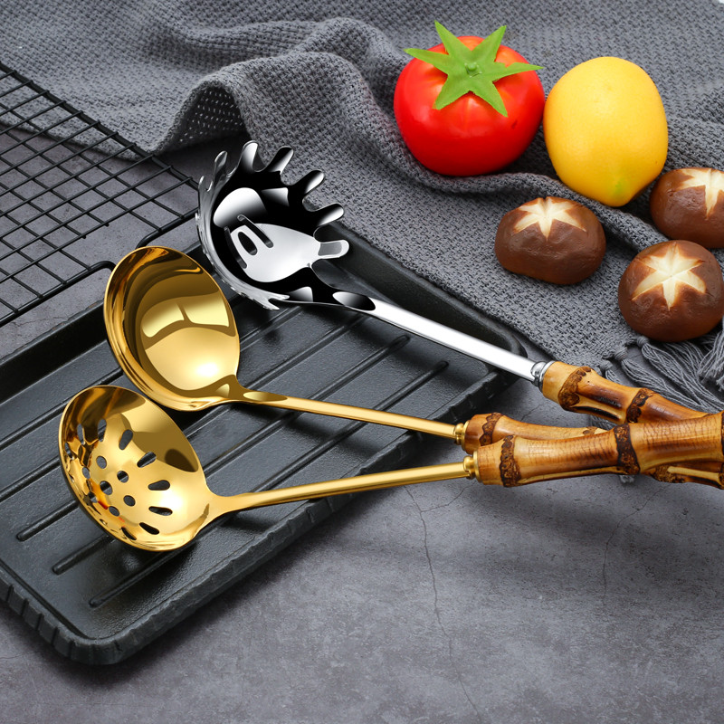 Metalno cjedilo Žlica od nehrđajućeg čelika Žlica za rezance Cjedilo Drška od bambusa Praktični alati za tjesteninu Žlica za juhu Kuhinjski pribor