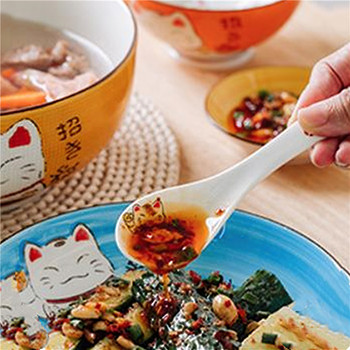Керамична лъжица за супа, 14 см, японска бяла котка с късмет, костен порцелан, сервиз, ресторант, домакински кухненски принадлежности, сервиз