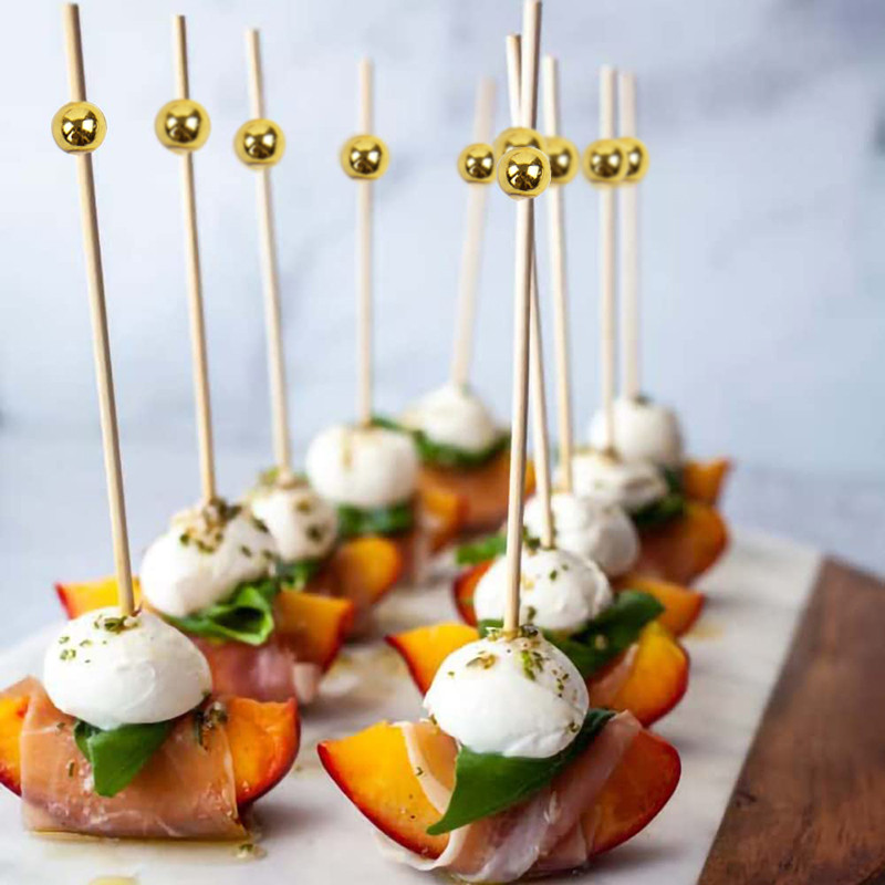 100 vnt 12 cm aukso karoliukai bambuko vaisių lazdelės vaisių salotos užkandžių šakutės kokteilių dekoro tortas švediškas stalas dantų krapštukai vestuvių vakarėlio reikmenys