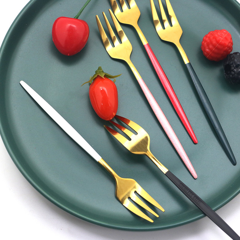 6/12 db Gyümölcsvilla 304 Rozsdamentes acél tortavilla fehérarany színes teavilla étkészlet