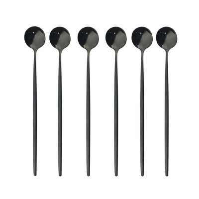 6бр. Лъжица за лед за десерт Кафе Чай Комплект дълги лъжици от неръждаема стомана Лъжици за разбъркване Черно злато Десертни лъжички Аксесоари за бар